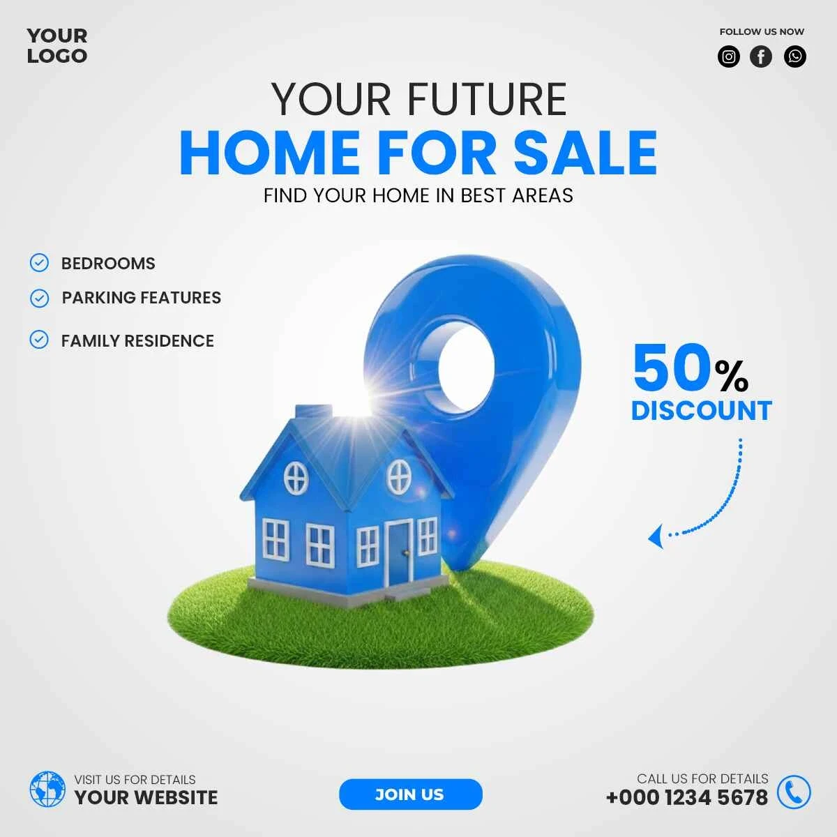 Real estate flyer template with 3D house and location pin
