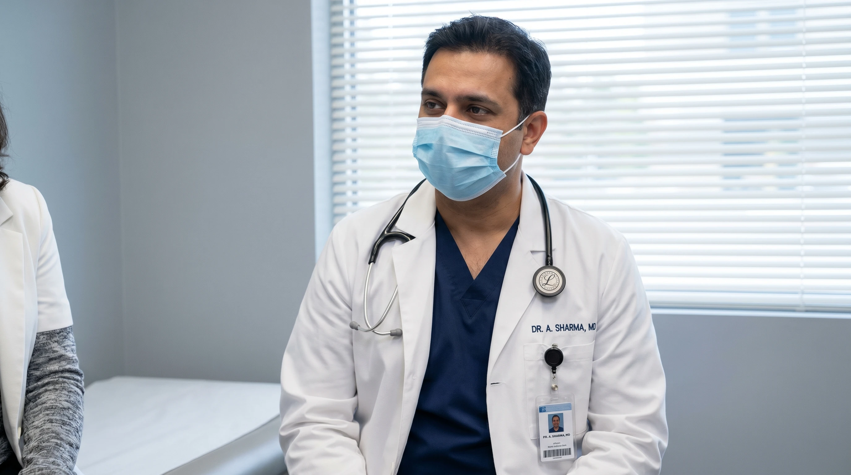 Male doctor in face mask and lab coat sitting in clinic