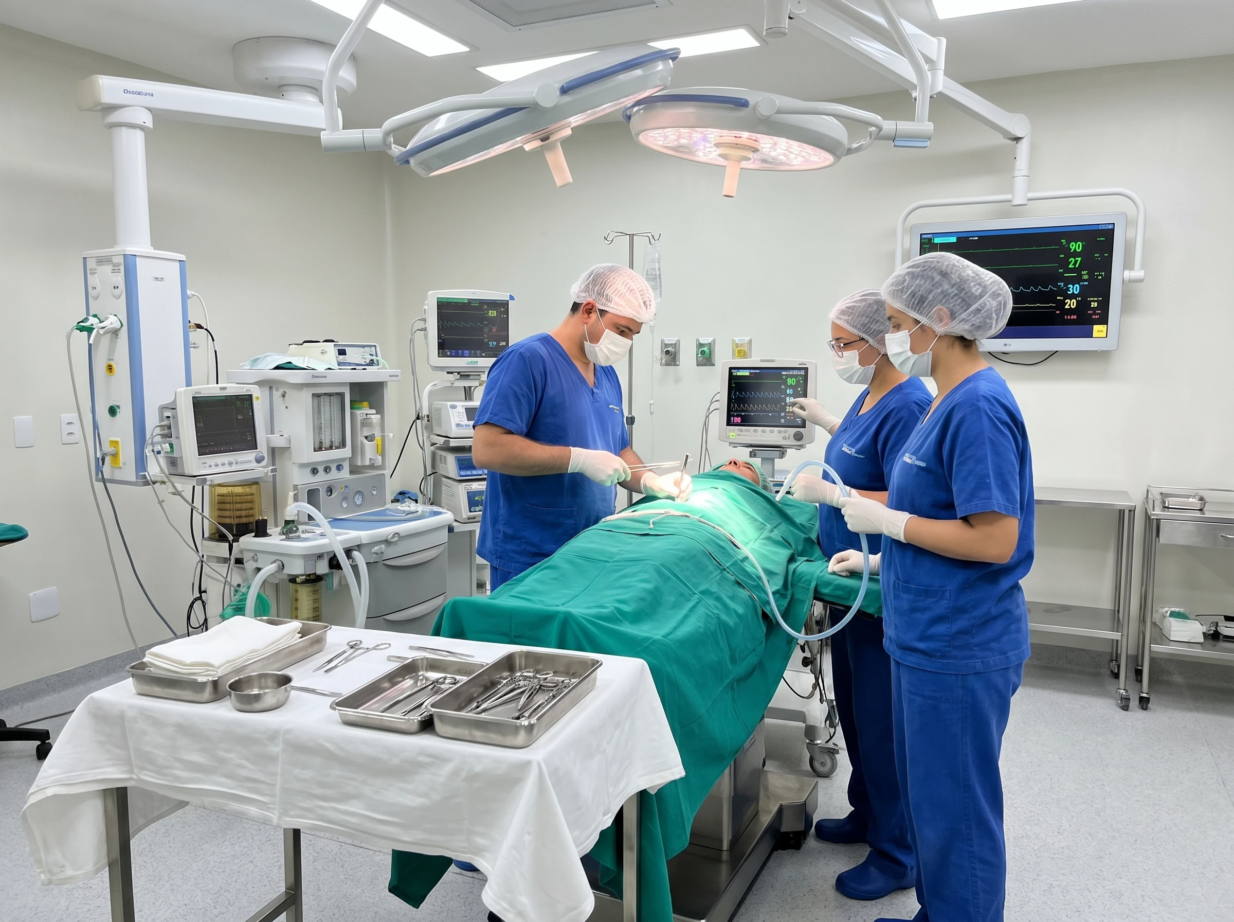 Medical team performing surgery in a modern hospital operating room