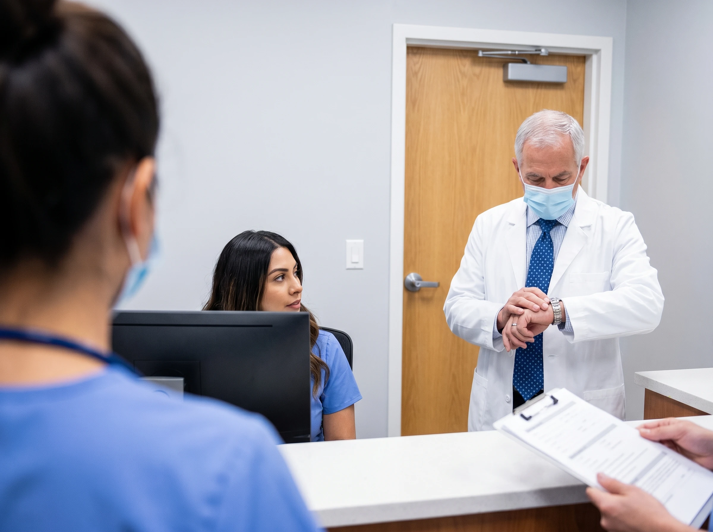 Doctor in face mask checking watch at medical reception desk