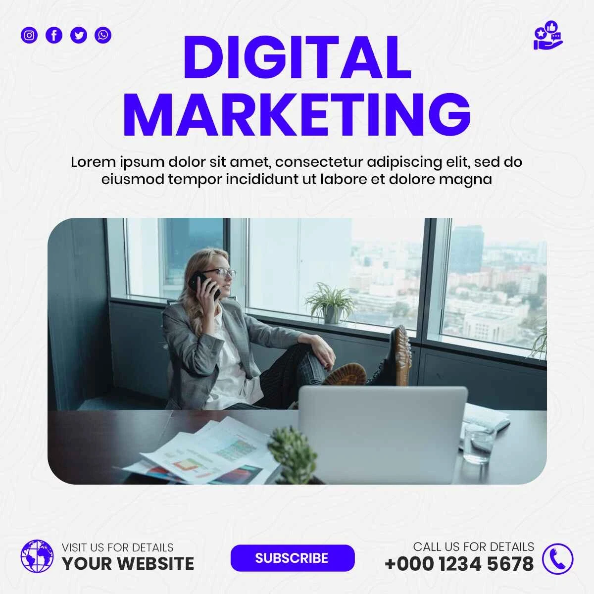 Digital marketing social media post template with office woman