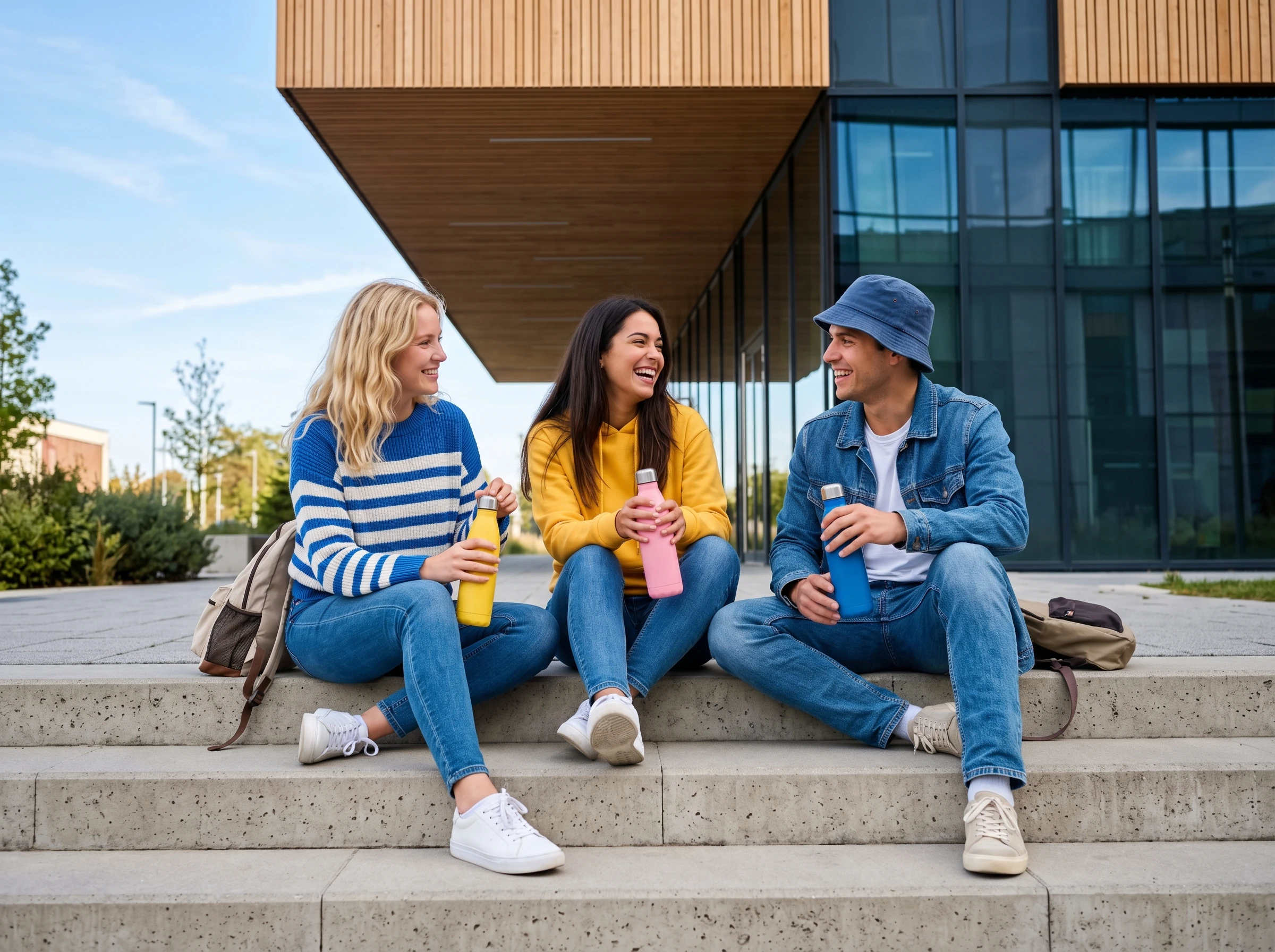 Three happy friends with reusable water bottles on campus stairs
