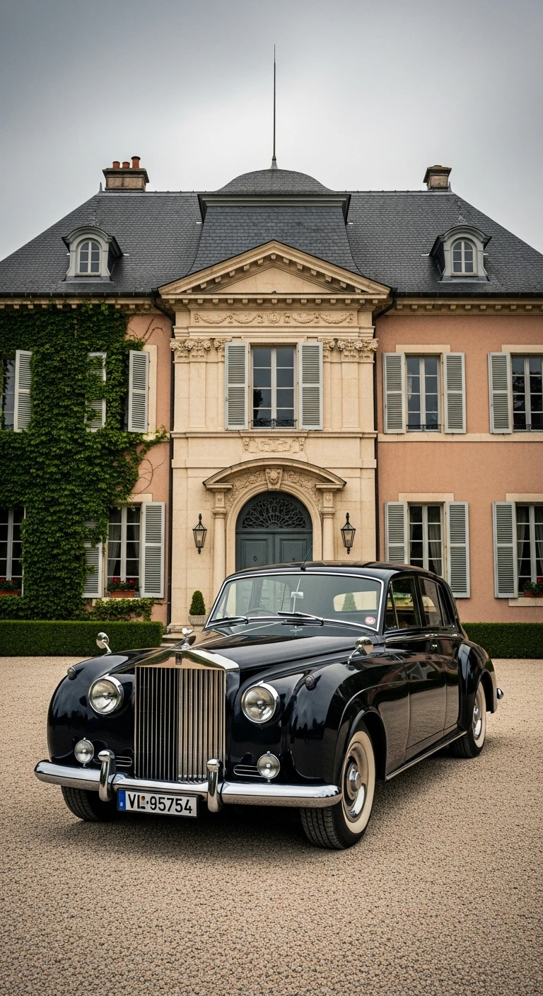 Vintage black luxury car parked in front of grand mansion