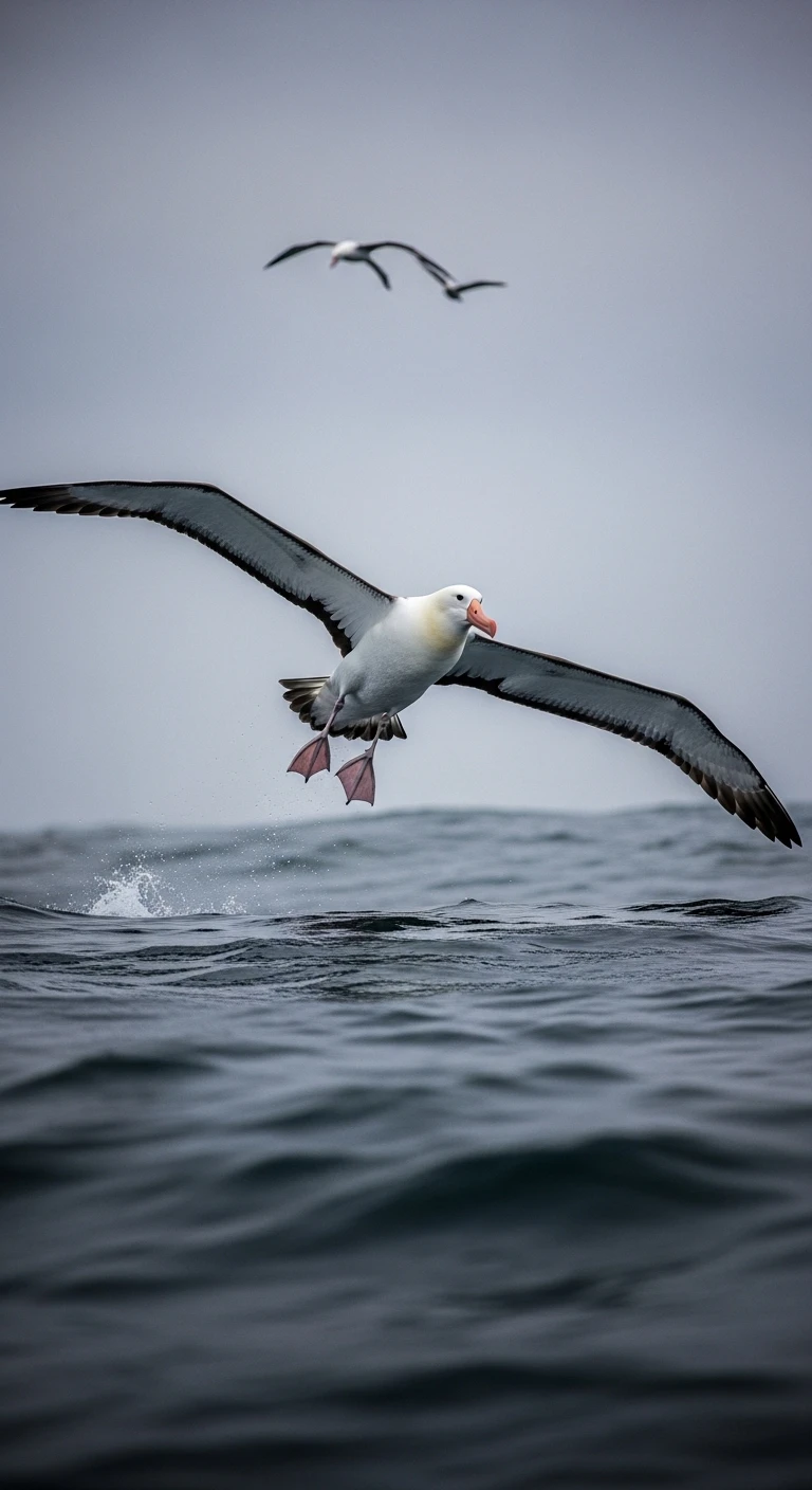 Albatross flying low over the ocean waves