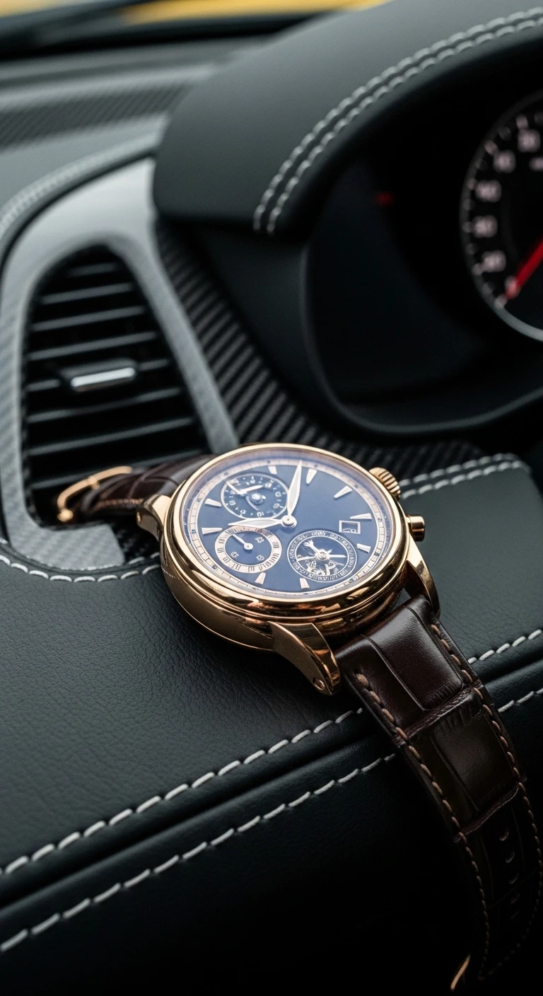 Luxury rose gold chronograph watch on leather car dashboard