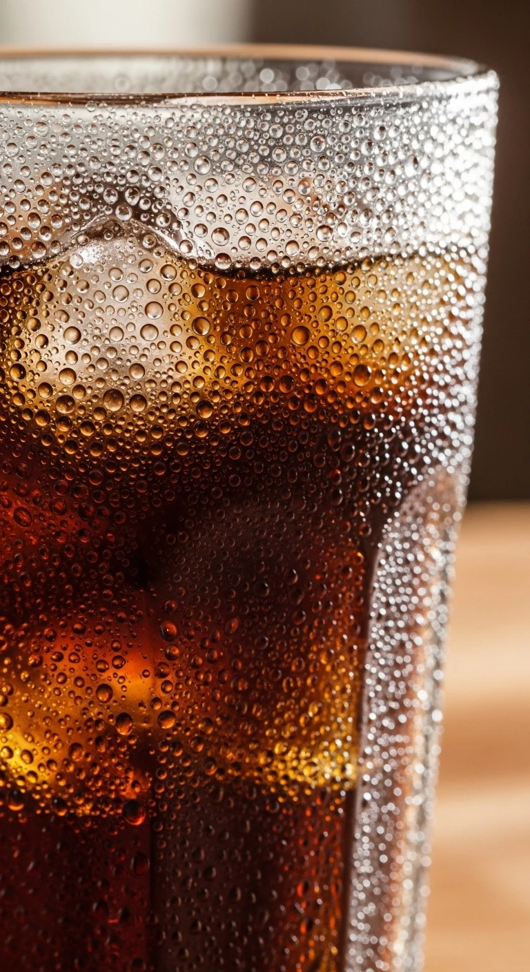 Close-up of a cold cola glass with condensation and ice