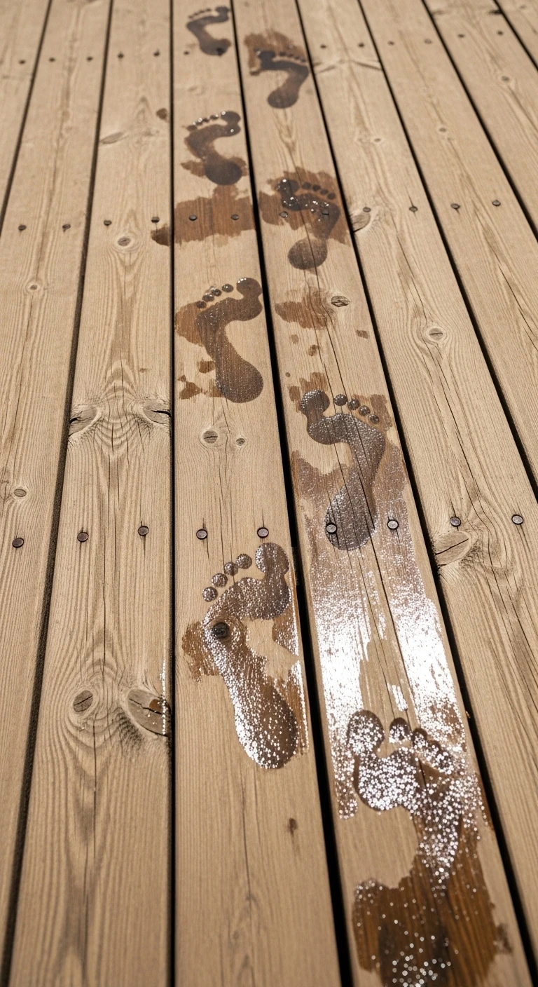 Wet footprints on a wooden deck