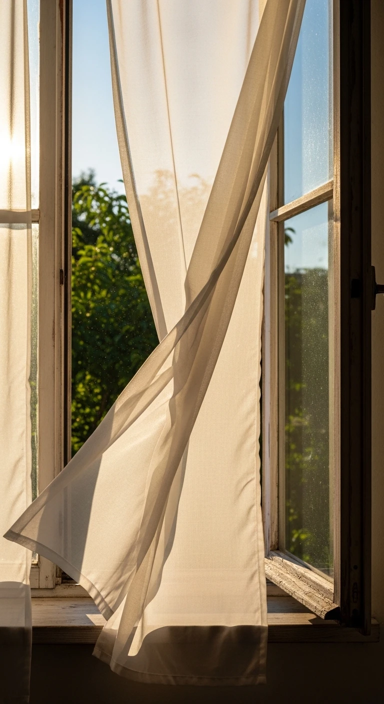 White curtain blowing in sunlight from an open window