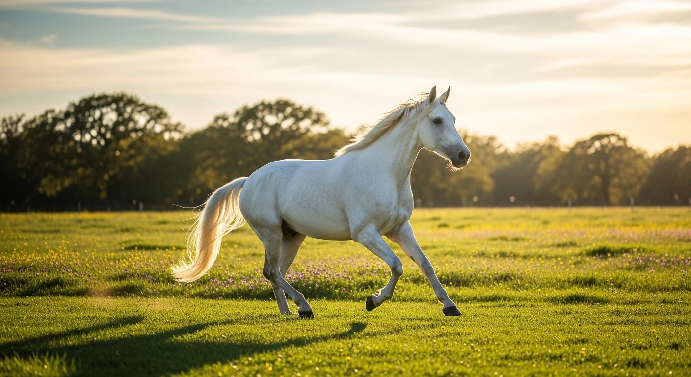White horse galloping across a green meadow at sunset