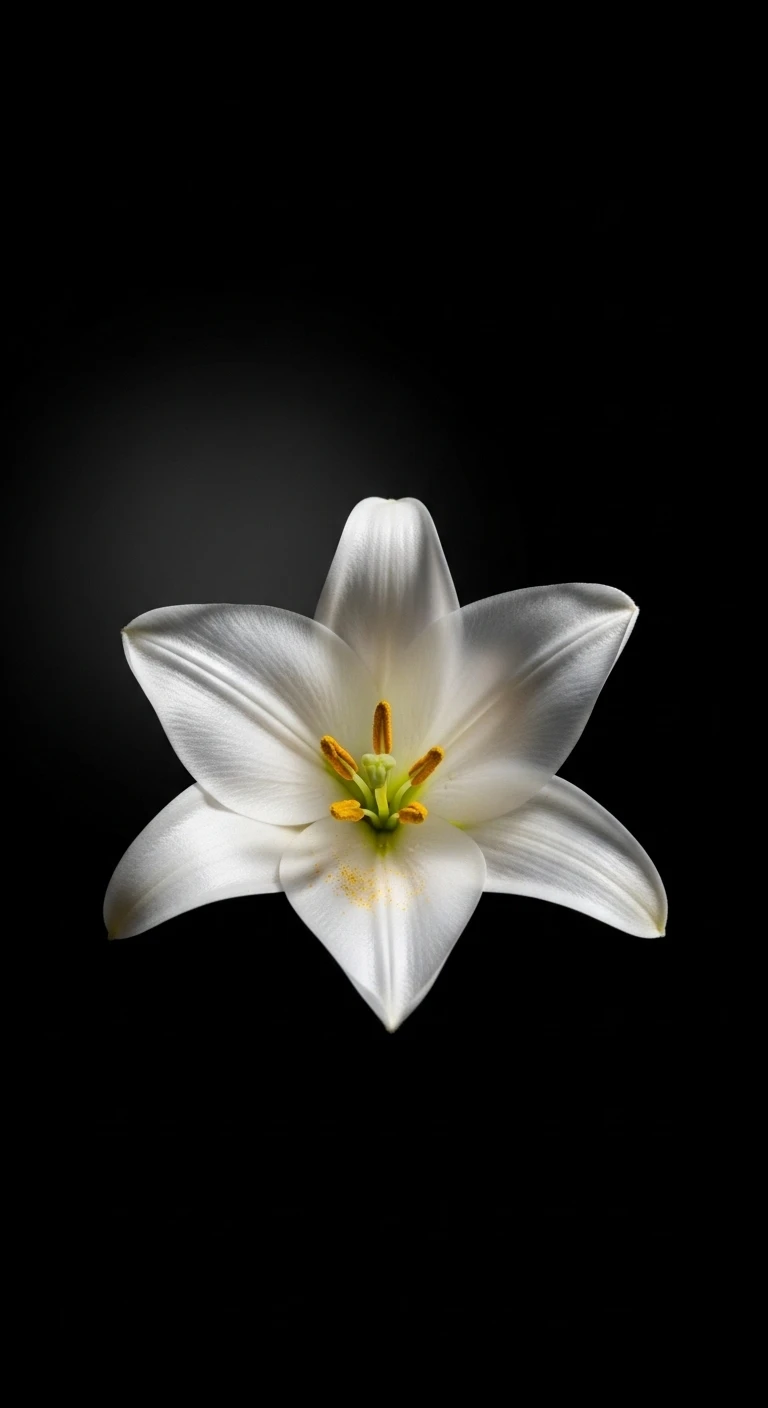 Single white lily flower blooming on a black background