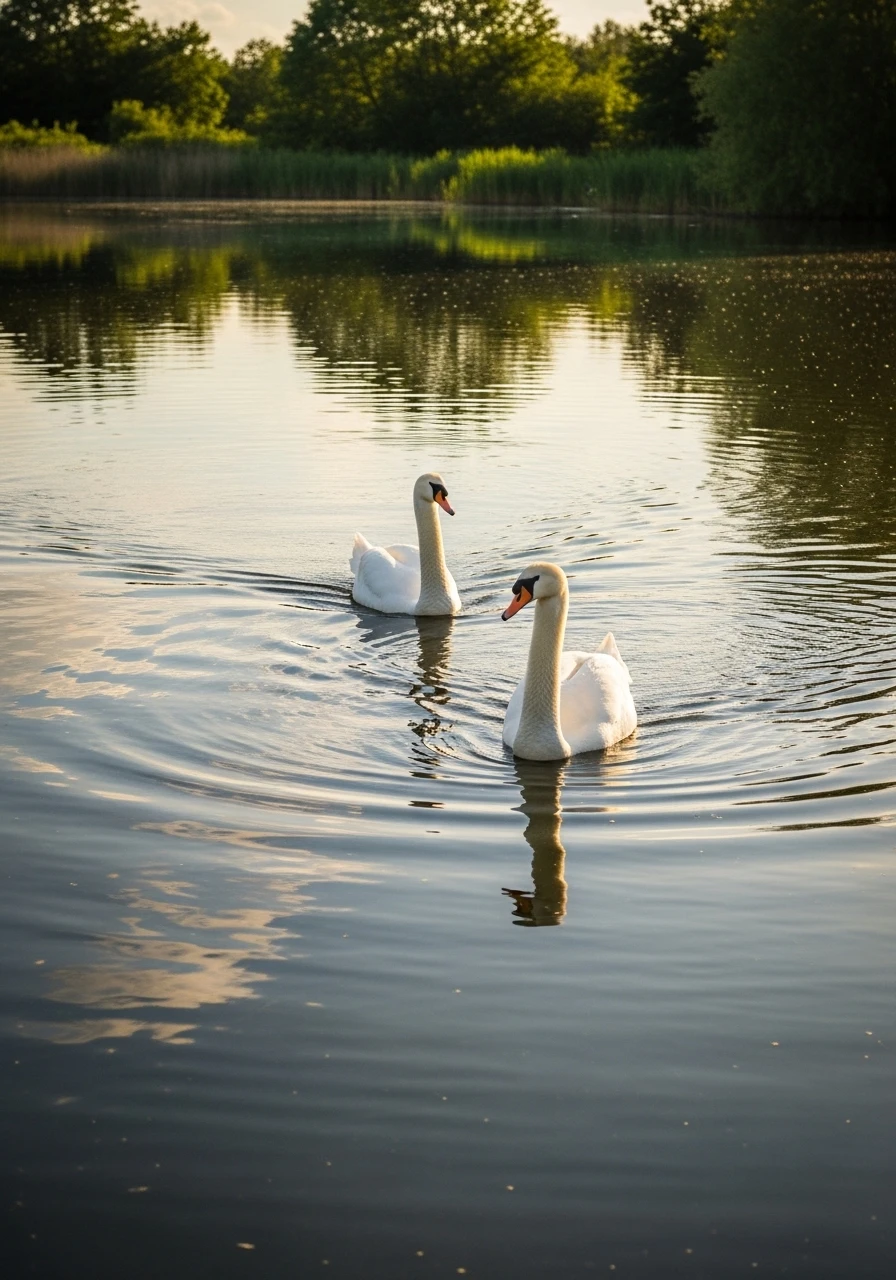 Two white swans swimming on a peaceful lake at sunset