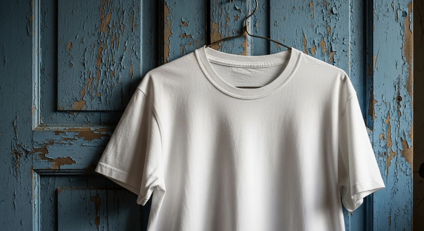 Plain white t-shirt hanging on a rustic blue door