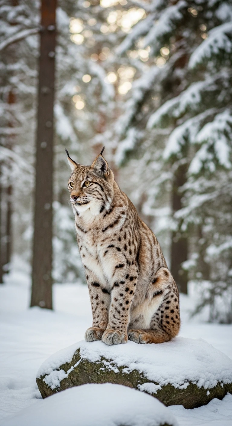Eurasian lynx sitting on a rock in snowy winter forest