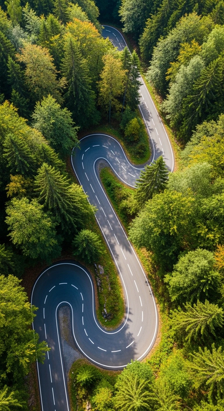 Aerial top down view of winding road through dense forest
