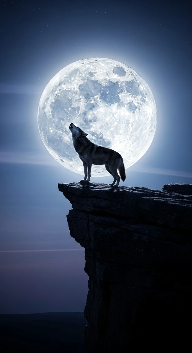 Silhouette of wolf howling at full moon on a cliff
