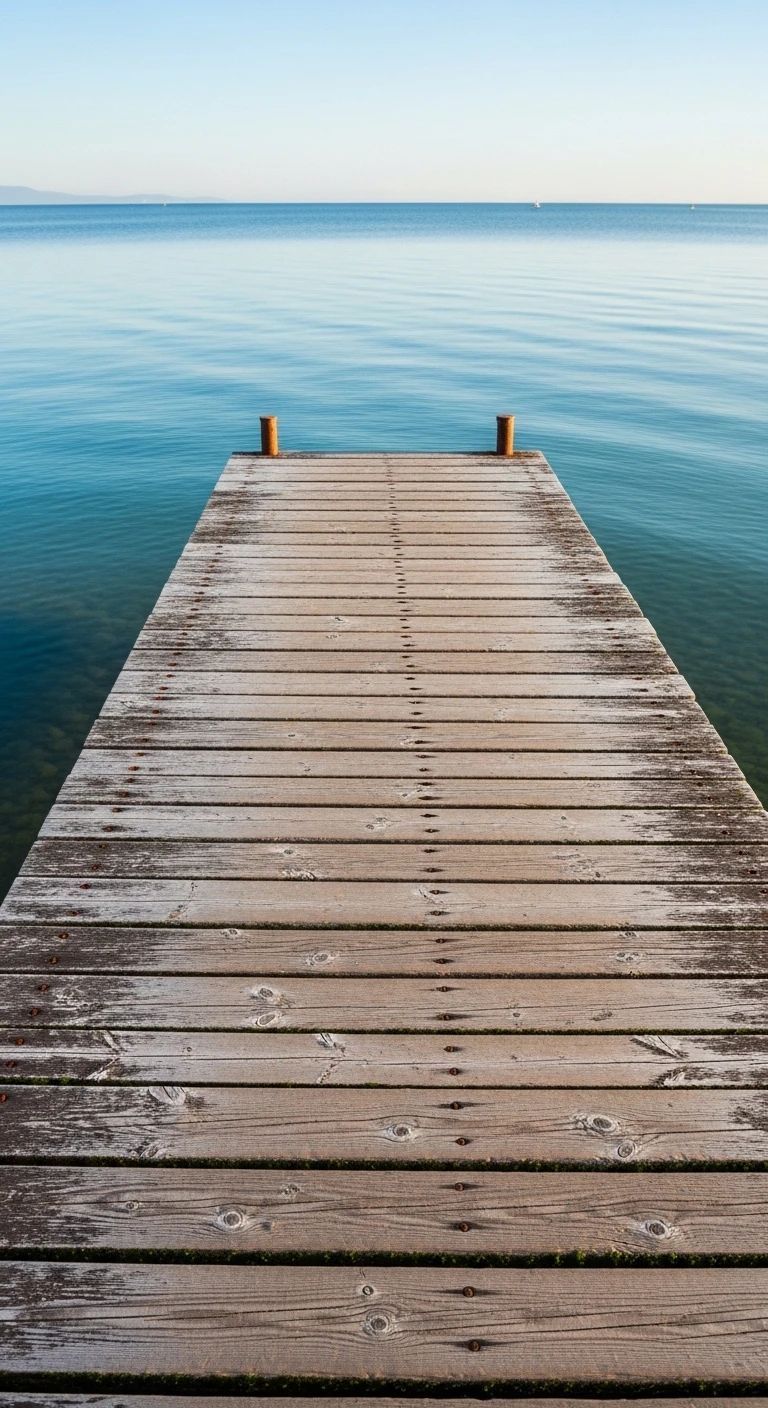 Wooden pier extending into calm blue lake water