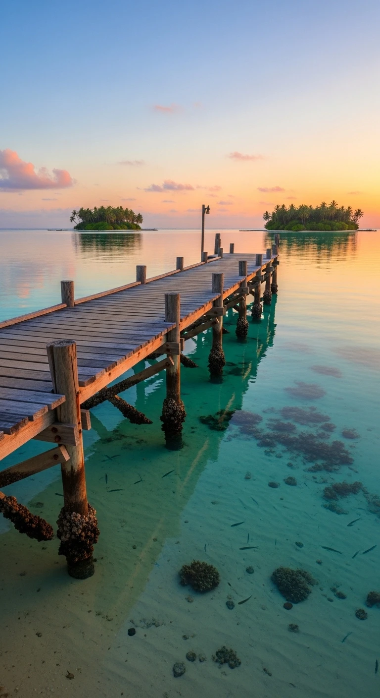 Wooden jetty over clear turquoise water at tropical sunset