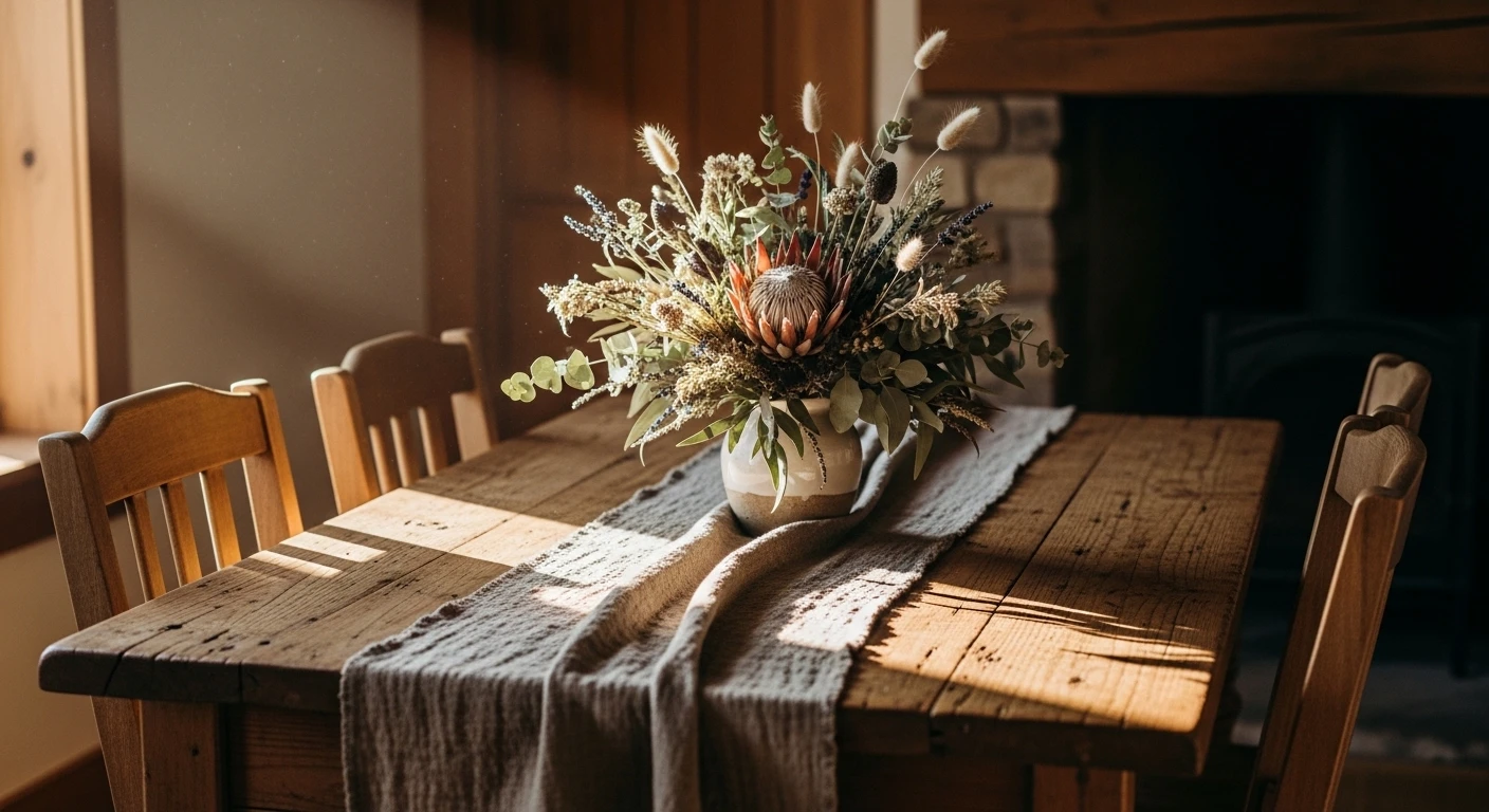 Rustic wooden dining table with dried flower centerpiece