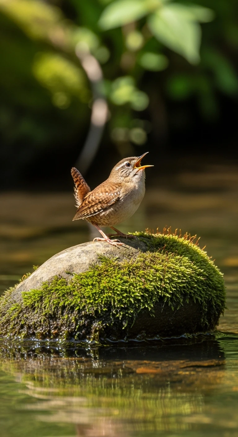 Singing wren perched on a mossy rock in a stream