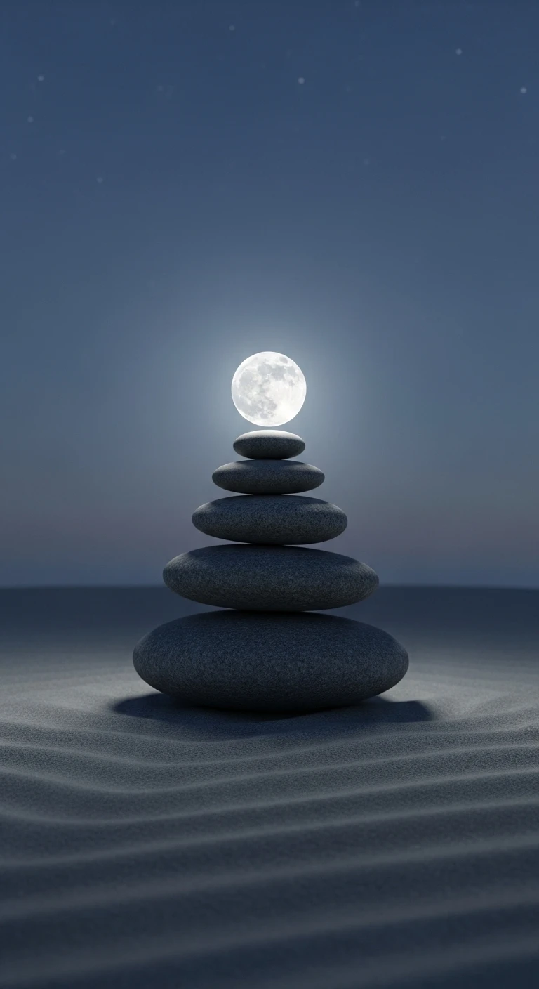 Stacked zen stones balancing a full moon at night