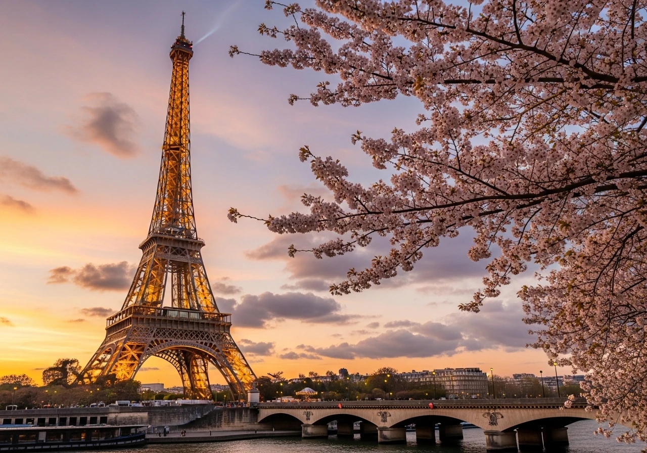 Eiffel Tower and cherry blossoms during sunset in Paris