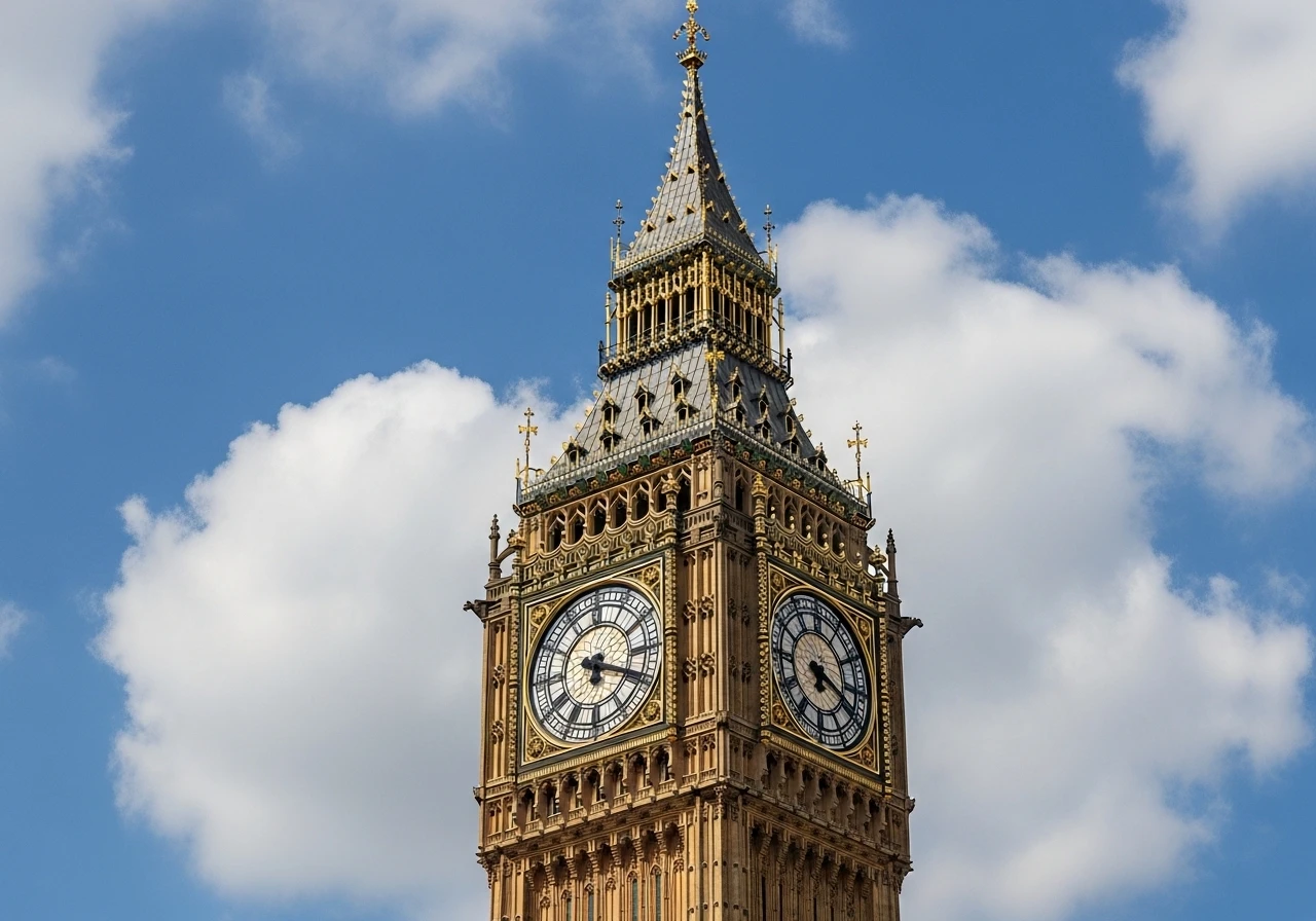 Big Ben clock tower in London under blue cloudy sky