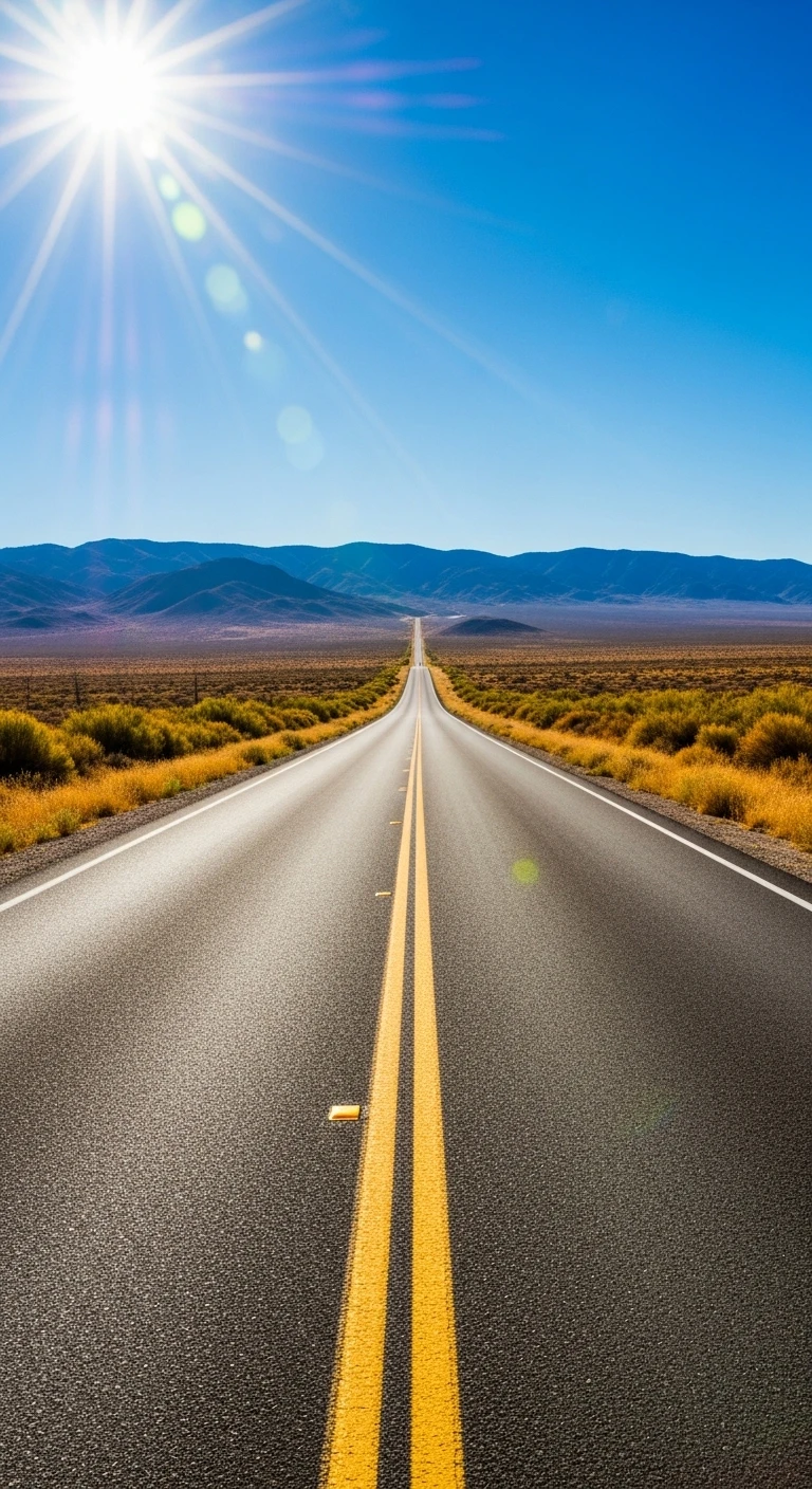 Long straight highway through desert under a bright sun