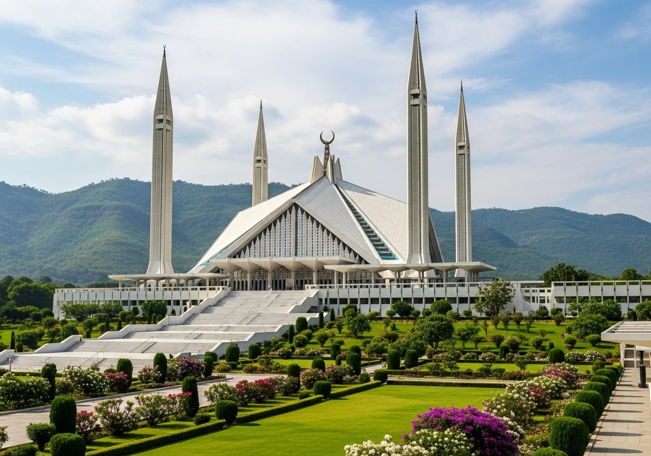 Faisal Mosque with gardens and Margalla Hills in Islamabad Pakistan