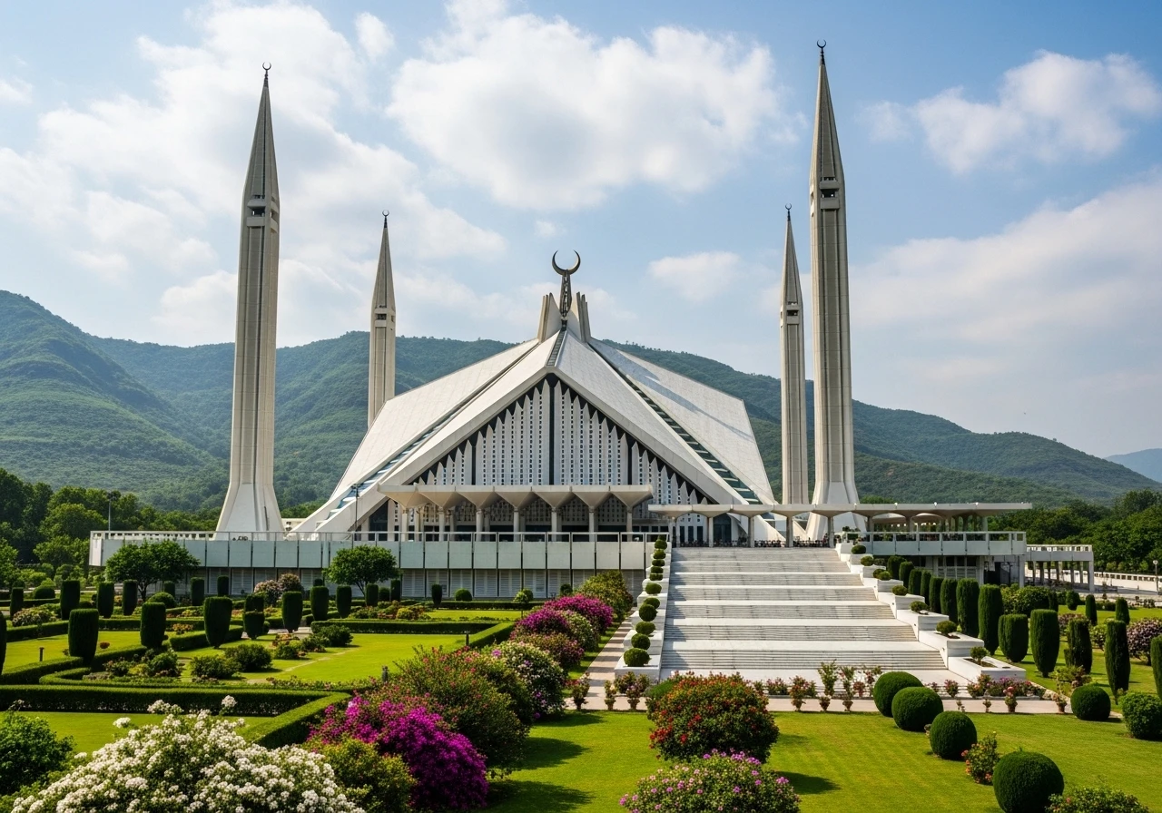Faisal Mosque in Islamabad with gardens and Margalla Hills