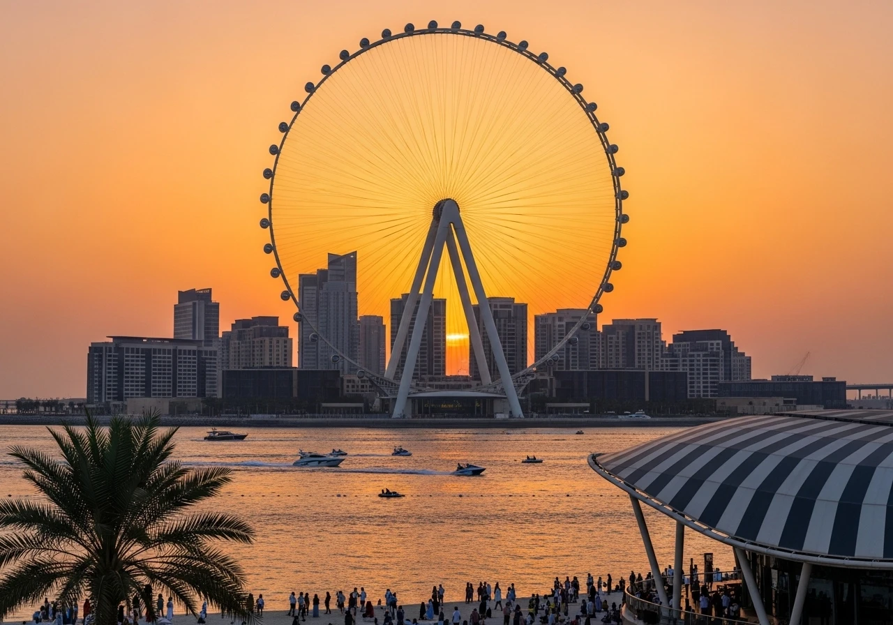 Sunset view of Ain Dubai Ferris wheel and city skyline