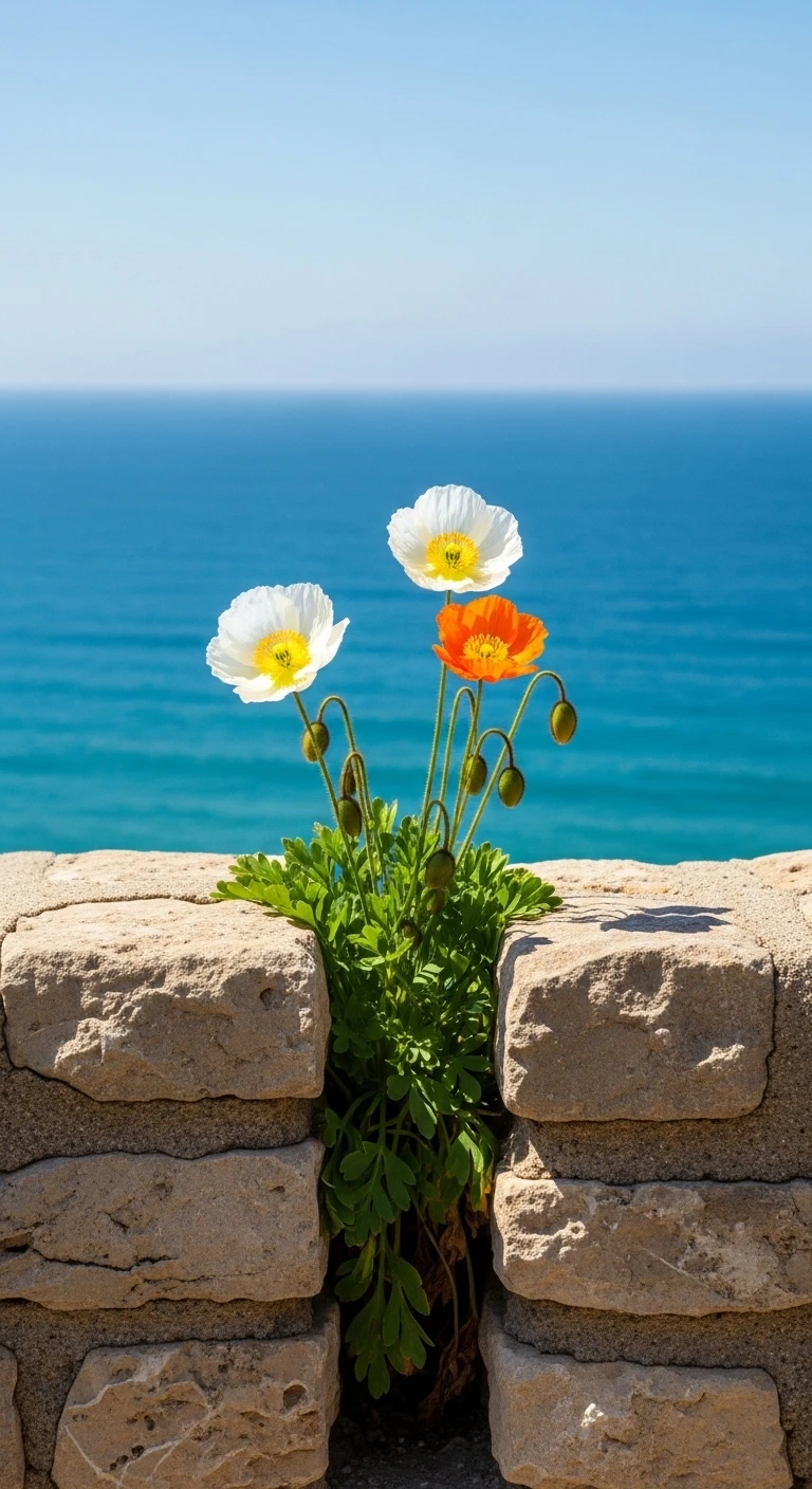 Poppies growing from a stone wall by the sea