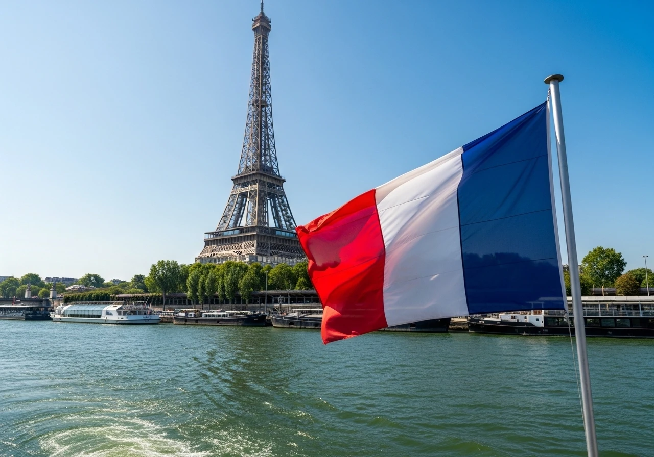 French flag and Eiffel Tower by the Seine River, Paris