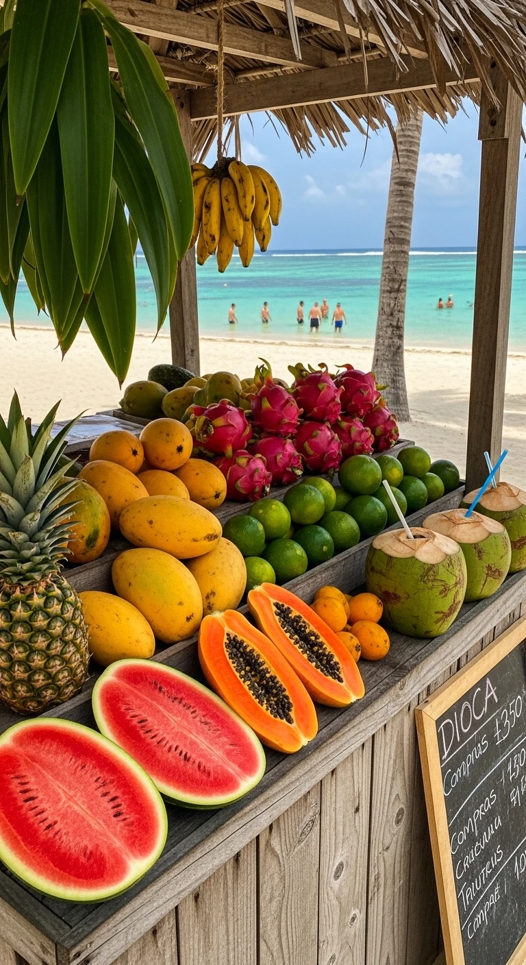 Assorted tropical fruits at a beachside market stall