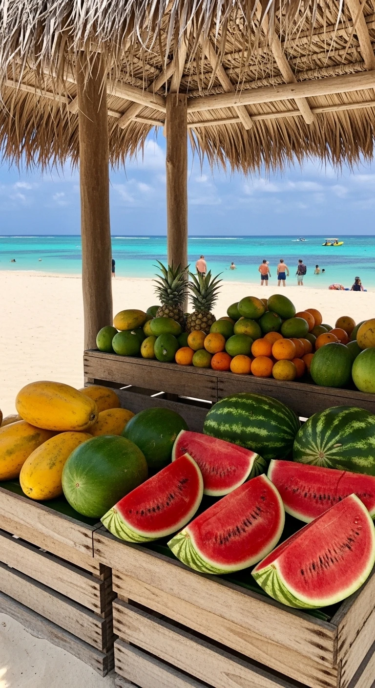 Tropical fruit stand on a sunny beach with turquoise water