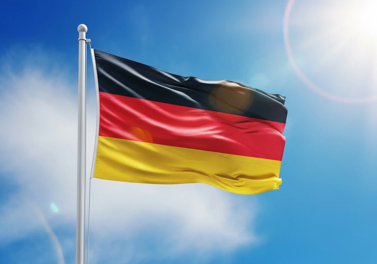 German flag waving against a blue sky with sun flare