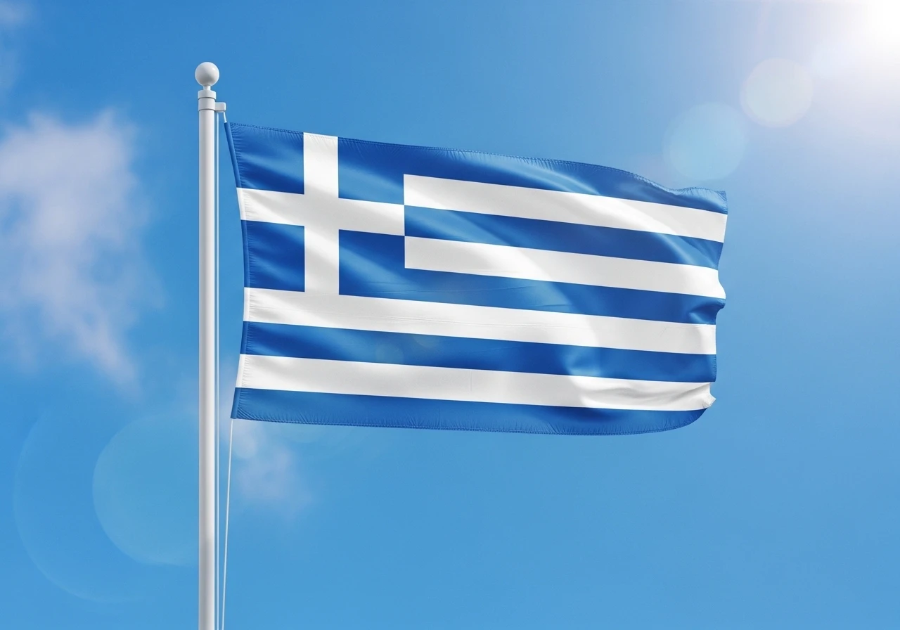 Greek flag waving on flagpole against clear blue sky