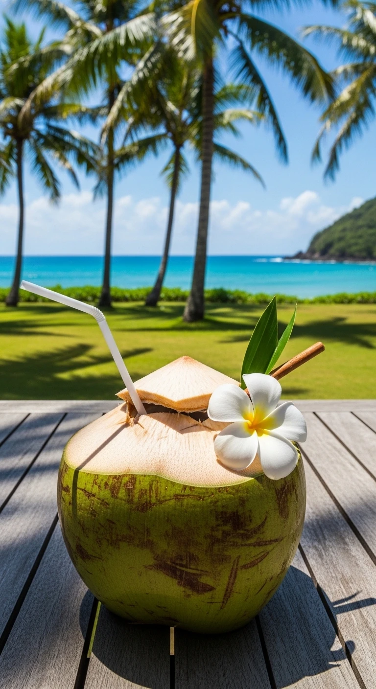 Fresh coconut drink with frangipani on a tropical beach table