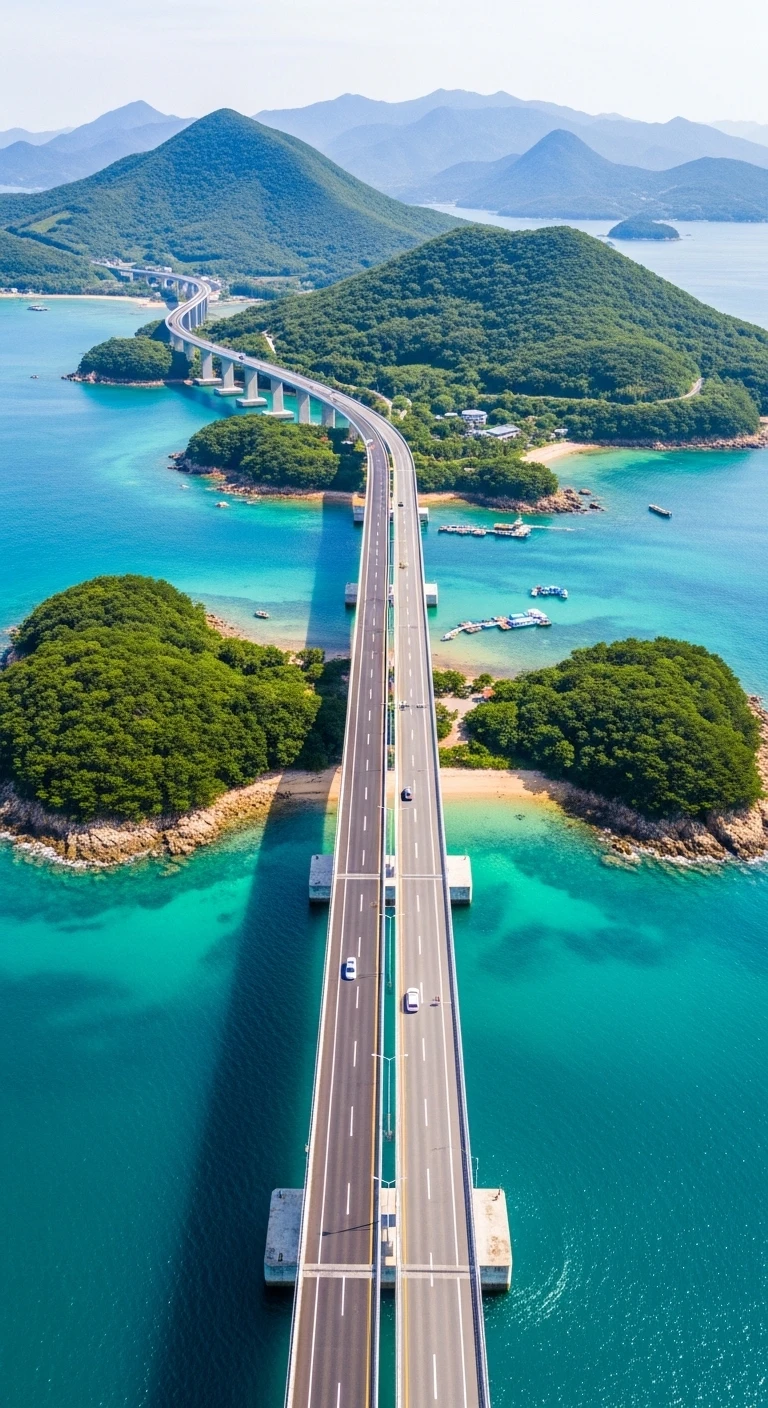 Aerial view of a long bridge crossing turquoise ocean water