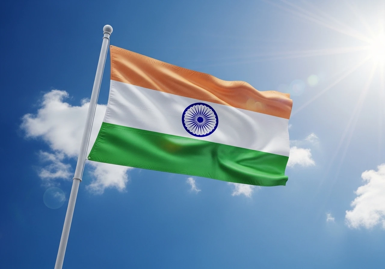 National flag of India waving against blue sunny sky