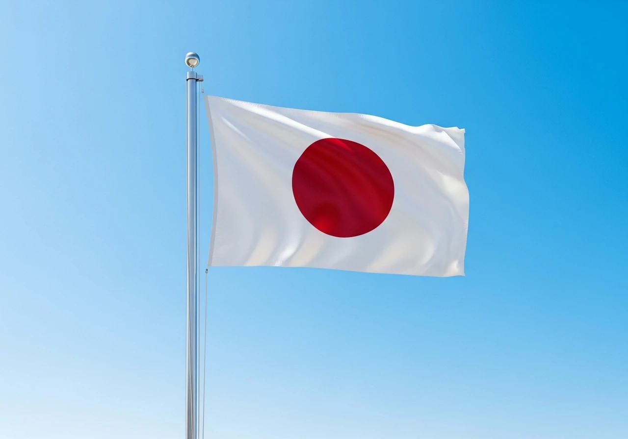 National flag of Japan waving against a clear blue sky