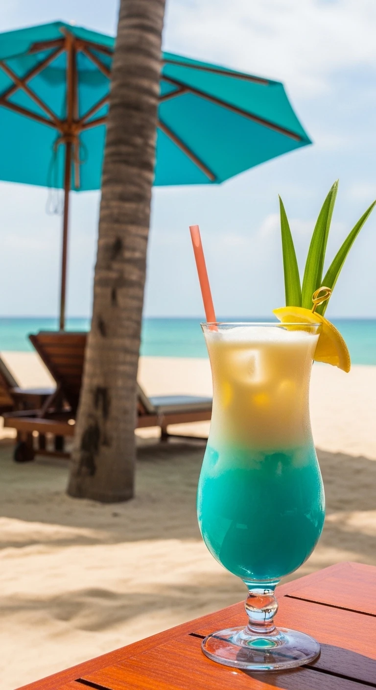 Tropical blue layered cocktail on a beach table