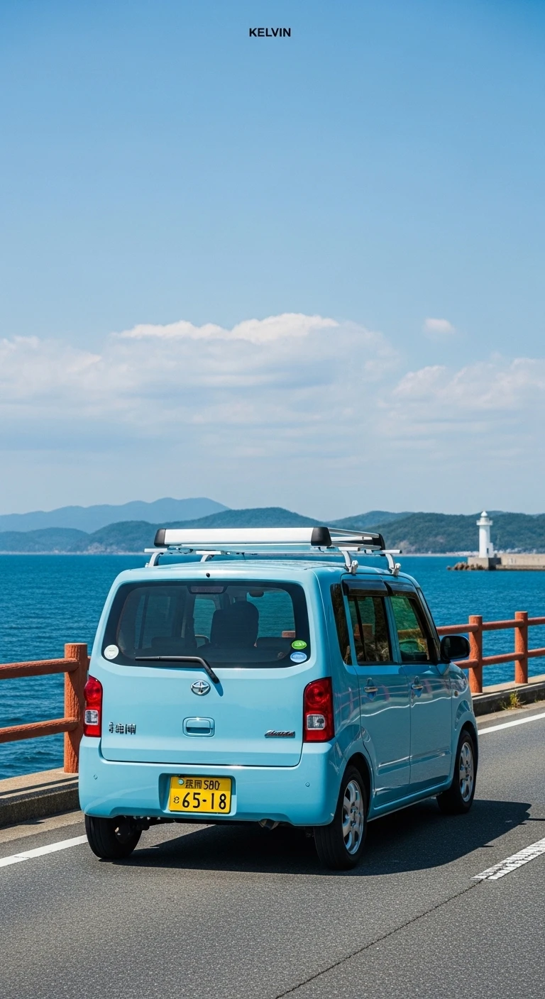 Blue microcar parked on scenic coastal road by the ocean
