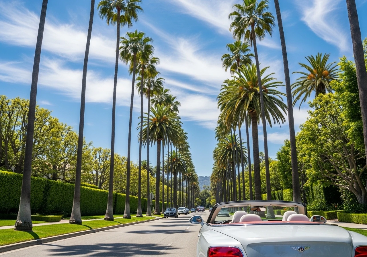 Luxury convertible driving down a palm tree lined street