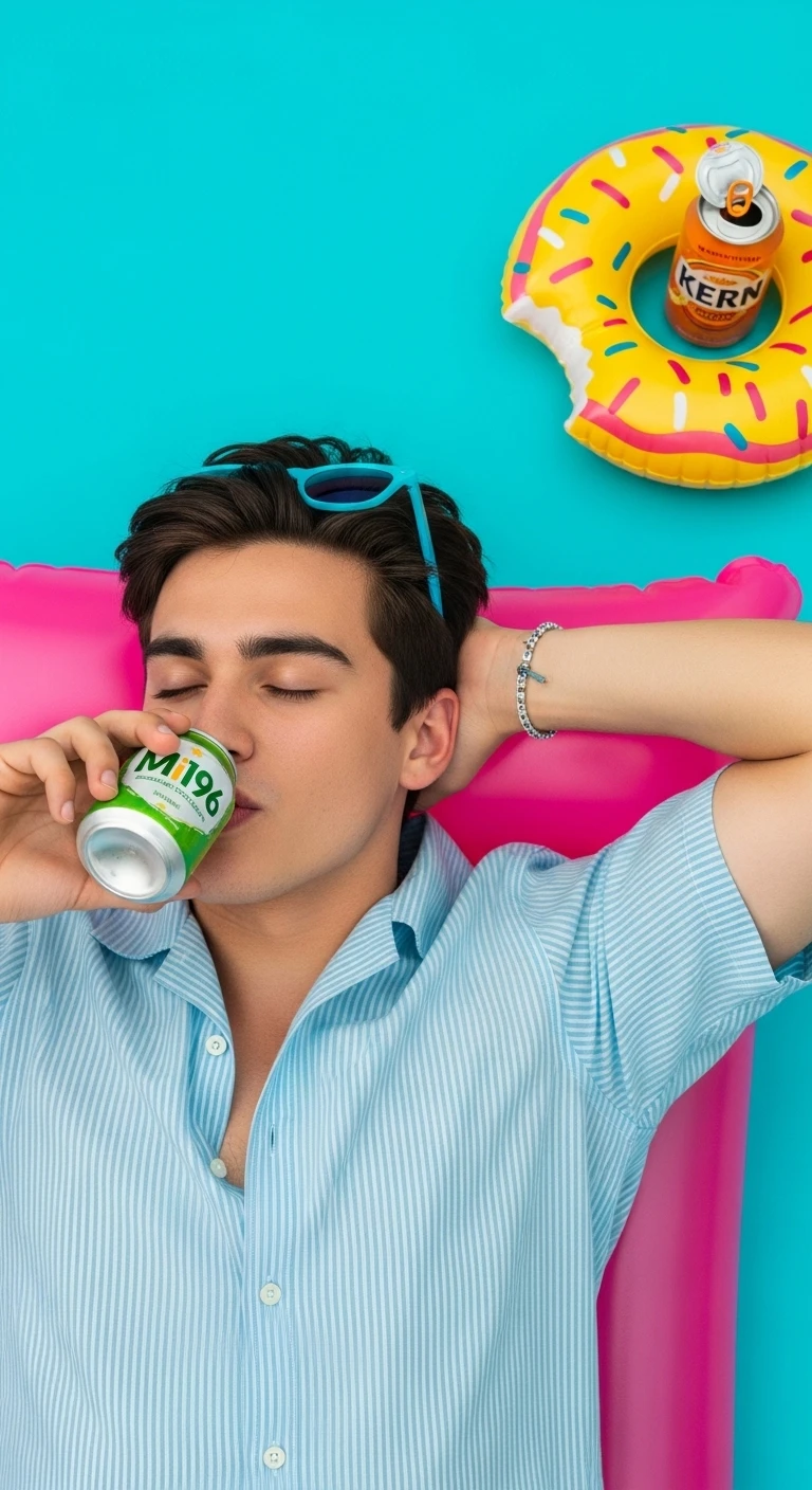 Young man relaxing on pink pool float with summer drinks