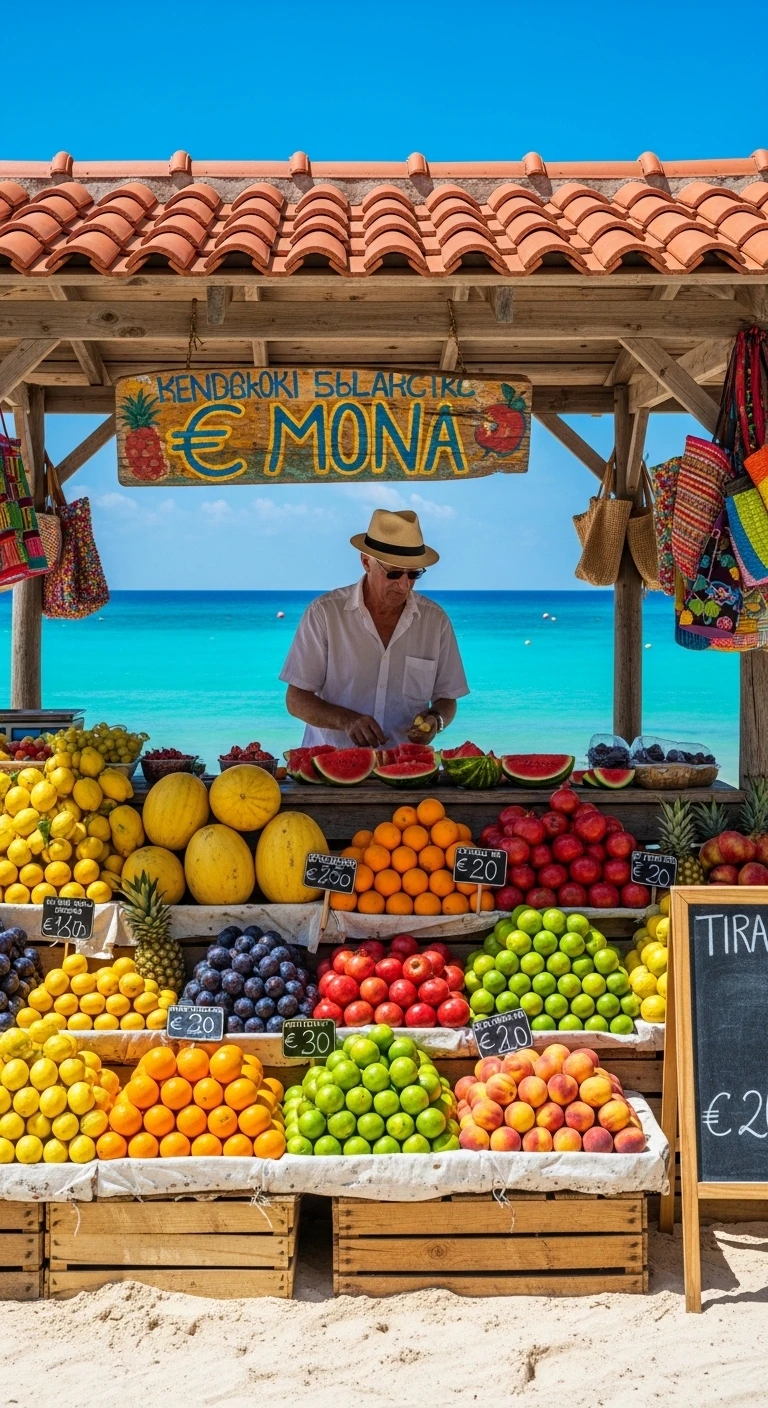 Fruit vendor preparing snacks at a beachside market stall