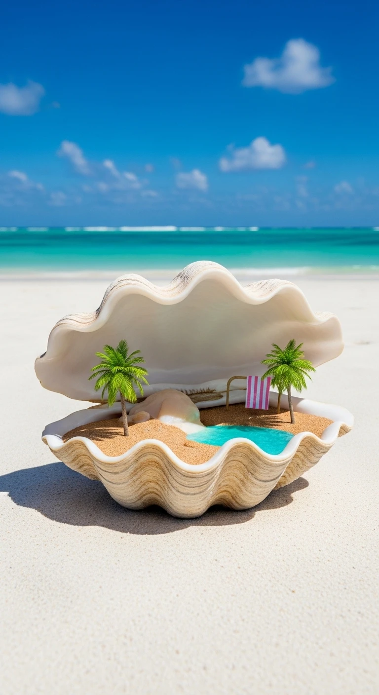 Miniature tropical paradise island scene inside a seashell
