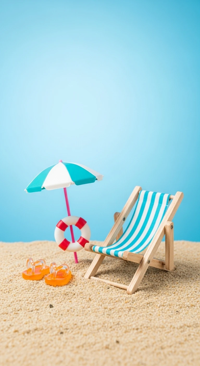Miniature beach chair and umbrella on sand against blue background