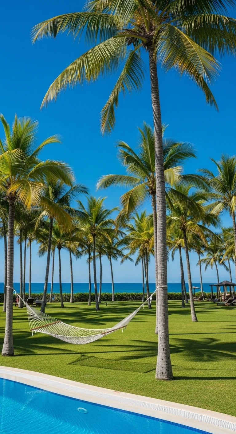 Hammock between palm trees at a luxury tropical resort