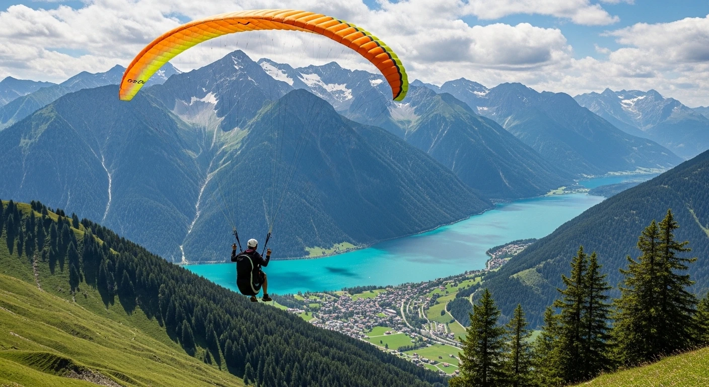 Paraglider flying over alpine lake and mountain valley
