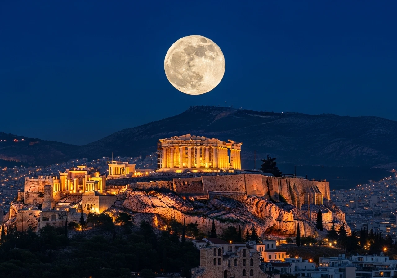 Full moon over the illuminated Acropolis of Athens at night